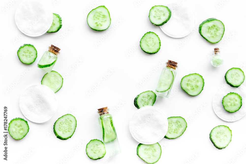 Sliced cucumber for face mask on white background top view copyspace Sliced cucumber for face mask on white background top view copyspace