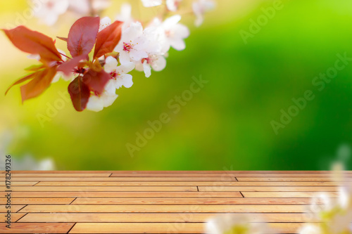 Spring background with wooden table