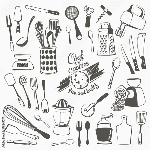 Freehand Illustrations of various Cutlery and Kitchen Utensils