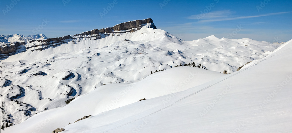 Panorama of snow mountains winter landscape on sunny day. Ifen, Bavaria.