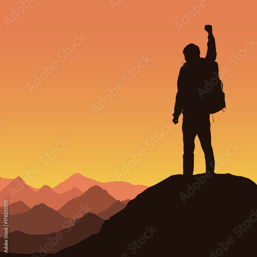 Vector illustration of a mountain landscape with a realistic silhouette of a climber at the top of a rock with a winning gesture