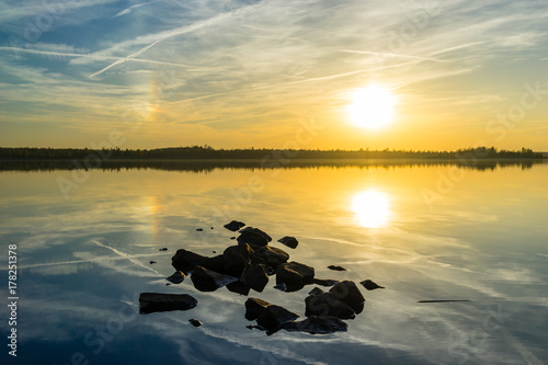 Fototapeta Naklejka Na Ścianę i Meble -  Beautiful sunset landscaoe at the Markkleeberger Lake near Leipzig, Germany