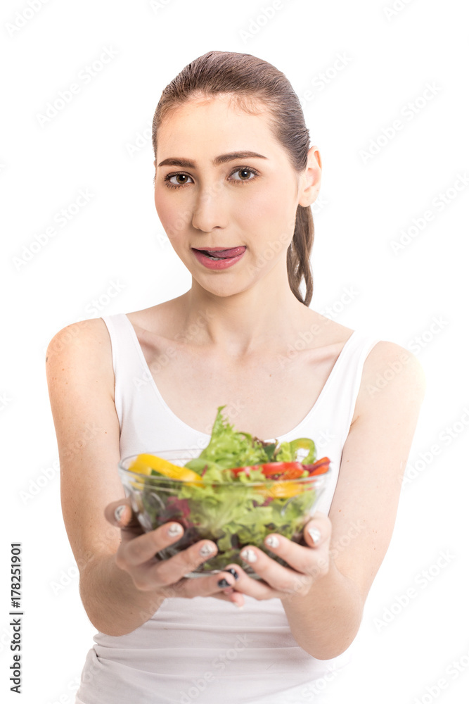 Portrait of smiling Beautiful woman with vegetable salad. Portrait of smiling Beautiful woman with vegetable salad.