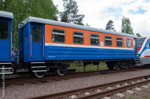 Narrow-gauge passenger car of type VP750, station Yakovlevskaya, Yaroslavl children's railway, Yaroslavl, Russian Federation