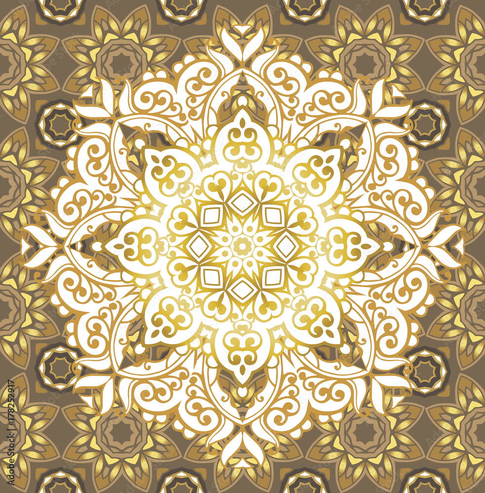 Golden luxury mandala with oriental background.Floral mandala ornament for wedding party invitation, spa beauty, yoga salon, wallpaper, bridal fashion and christmas holiday cards.
