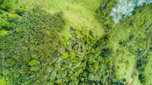 Aerial view on a rocky cliff with forest and farmland on the background. Taranaki region, New Zealand