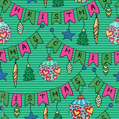 Christmas pattern with streamers and bells. Seamless doodle vector background. Wrapping paper design.