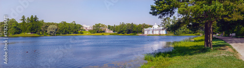 Landscape panorama overlooking the Great Pond and architectural landmarks in the Catherine Park in Tsarskoe Selo (Pushkin)