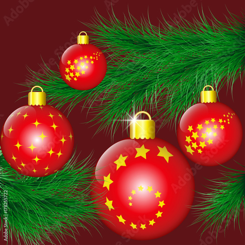 Fir-tree branch decorated with red christmas balls. Vector illustration EPS10