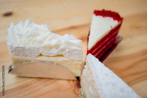 white chocolate cake, strawberries cake, cut piece