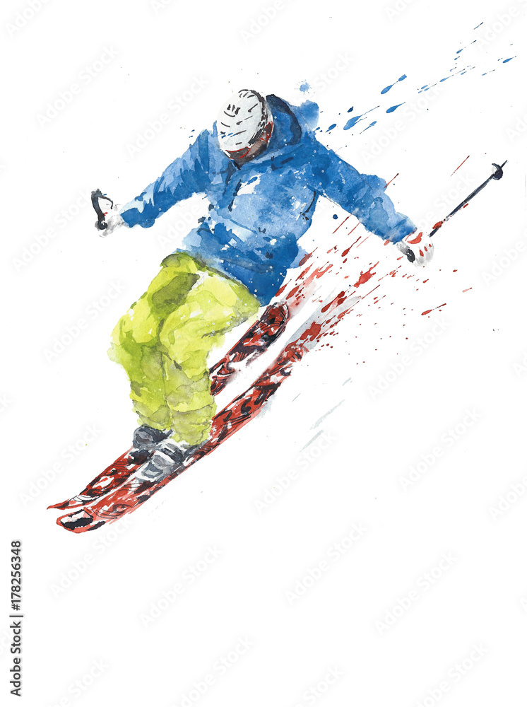 Skier ski winter sport snow activity skiing bright colors sliding watercolor painting illustration isolated on white background