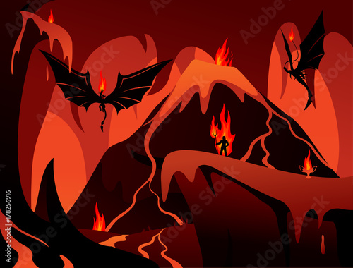 Fényképezés Vector art with hell, volcano, demons and human in fire