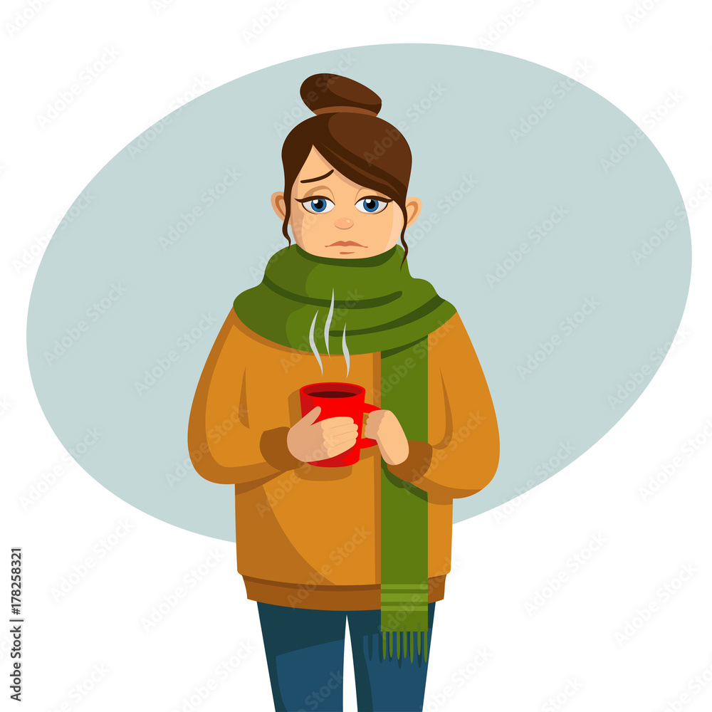 Young girl is cold. Hot drink. Vector illustration.