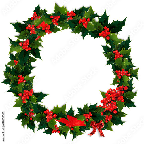 Illustration of holly, berry and red ribbon Christmas wreath