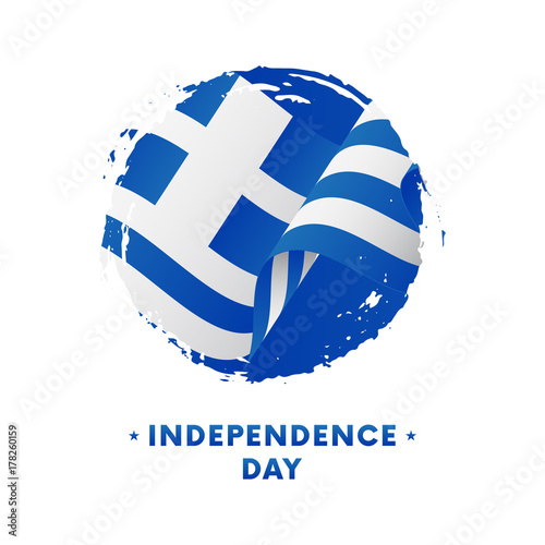 Banner or poster of Greece Independence Day celebration. Waving flag of Greece, brush stroke background. Vector illustration.