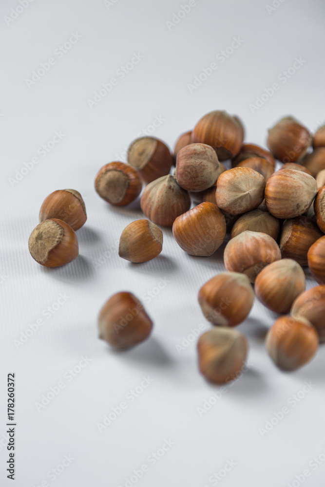 hazelnut on white wooden background hazelnut on white wooden background