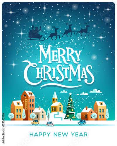 Santa Claus with deers in sky above the town. Winter city. Merry Christmas and Happy New Year greeting card.Vector illustration.