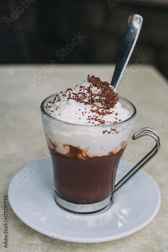 Glass of hot chocolate with whipped cream