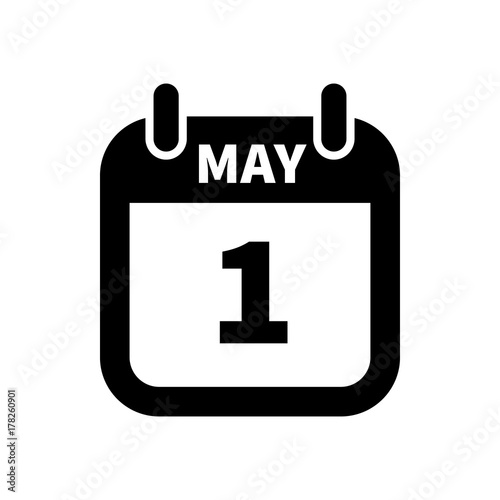 Simple black calendar icon with 1 may date isolated on white