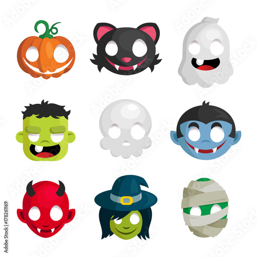 Vector set of Halloween head cartoon icons isolated on white