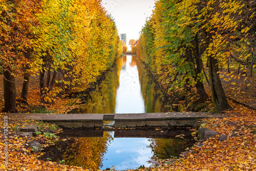 View of a water canal in the Oliwski park. Park is favorite tourist destination in Gdansk. Poland