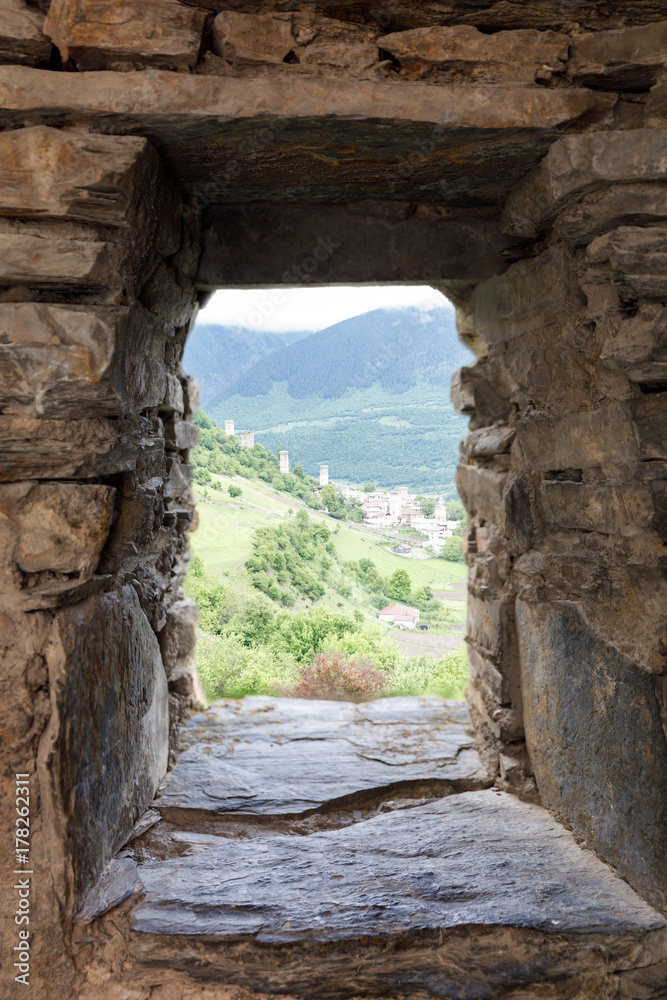 Svan towers through the tower window - UNESCO World Heritage Site. Georgia