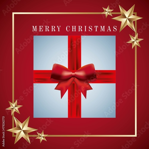 merry christmas card invitation gift wrapped ribbon bow  and gold stars