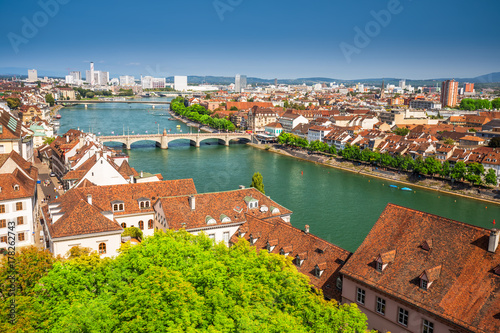 Old city center of Basel with Munster cathedral and the Rhine river, Switzerland
