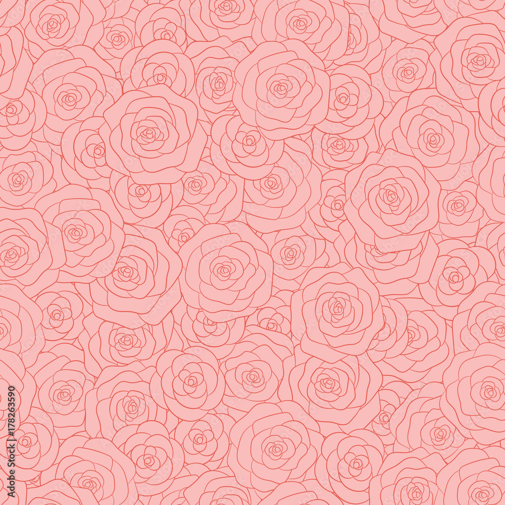 Hand drawn vector pink roses with red outline seamless pattern. Delicate floral ornament. Hand drawn vector pink roses with red outline seamless pattern. Delicate floral ornament.
