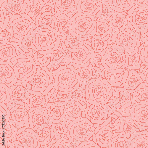 Hand drawn vector pink roses with red outline seamless pattern. Delicate floral ornament.