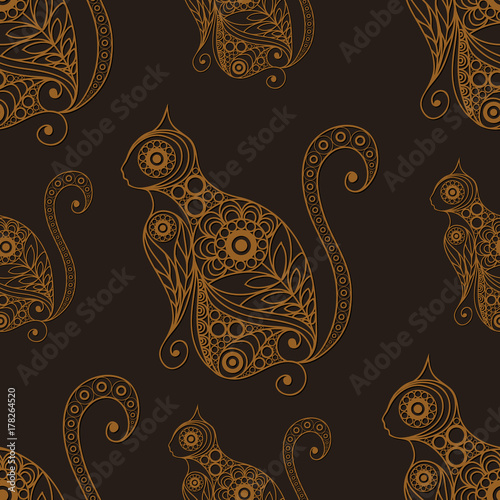 Seamless lace pattern with cat gold