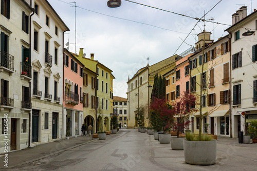 The northern Italian town of Treviso in the province of Veneto, it is located close to Treviso, Padua and, Vicenza. View of the city of Treviso Italy. Venetian architecture in Treviso, Italy. © Sid10