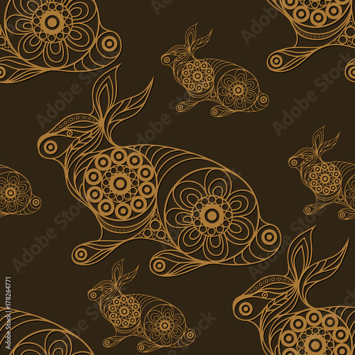 Seamless lace pattern with rabbit gold