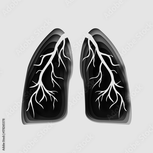 abstract 3d paper cut illustration of gray human sick lungs with branch. Vector template in paper art