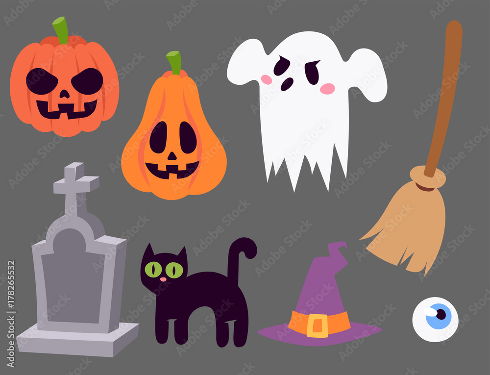 Halloween carnival symbols icons vector illustration with pumpkin and ghost spooky october autumn fear creepy traditional sign.