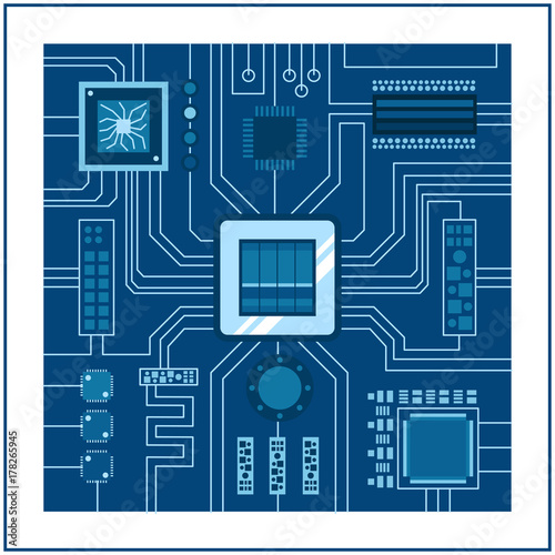 Computer IC chip template microchip on detailed printed circuit board design abstract background vector illustration.