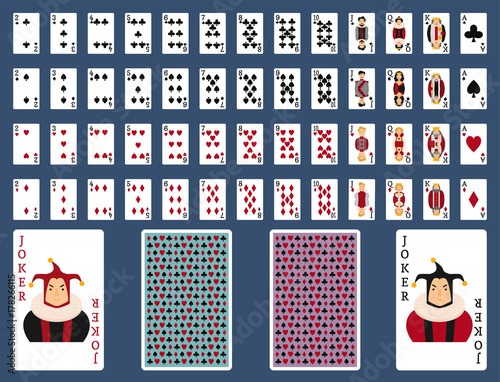 Poker set with isolated cards casino gambling deck playing royal king queen jack gamble symbols vector illustration.