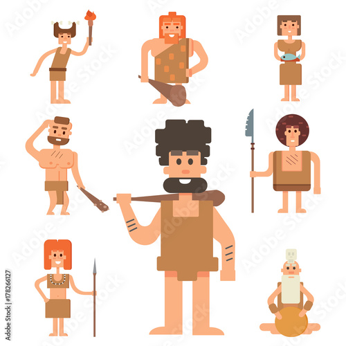 Caveman primitive stone age cartoon neanderthal people character evolution vector illustration.