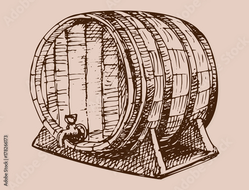 Wooden barrel vintage old hand drawn sketch storage container liquid beverage fermenting distillery cargo drum lager vector illustration.