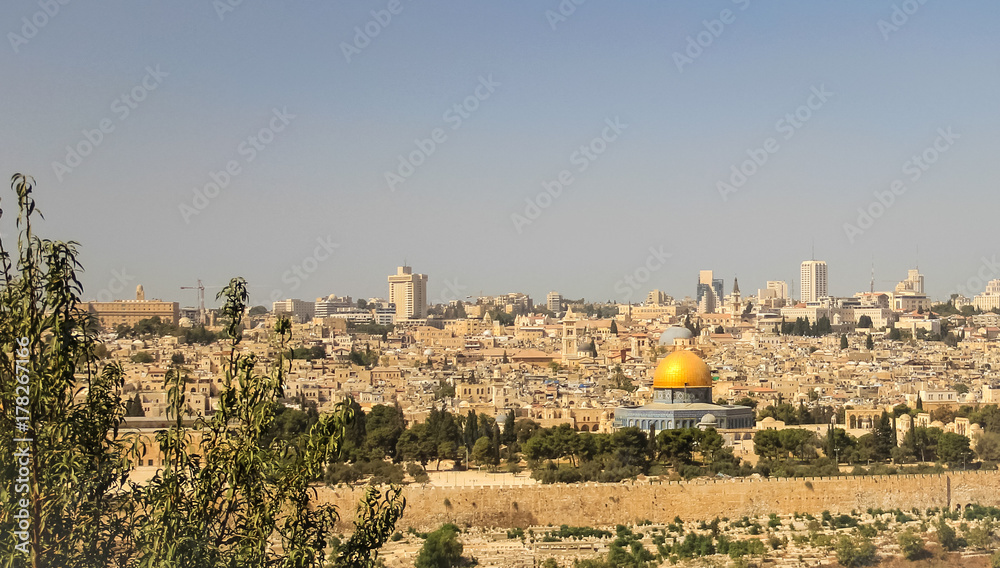 Panoramic view to Jerusalem Old city and the Temple Mount, Dome of the Rock from the Mount of Olives in Jerusalem, Israel