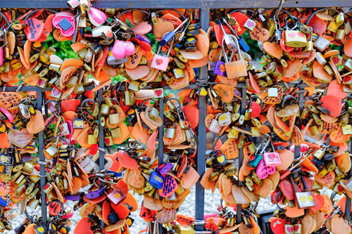 Juliet Love Garden with its many Love padlocks in Asiatique The Riverfront. Locks of love symbolize love which will be locked forever. Selective focus