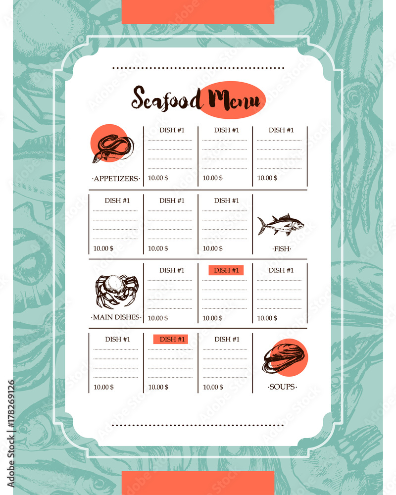 Naklejka premium Delicious Seafood - vector drawn template menu