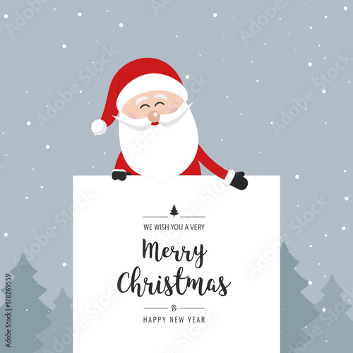 santa claus behind banner merry christmas greeting text winter landscape background © Pixasquare