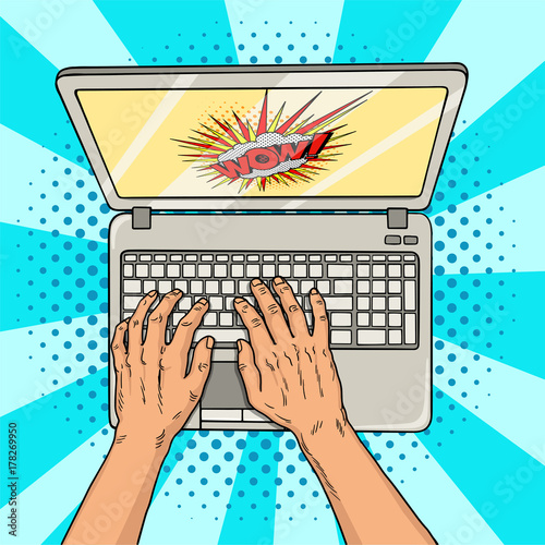 Hands on laptop comic style. Office worker or freelancer at work on a personal computer. Modern technologies. Vintage pop art retro vector illustration.