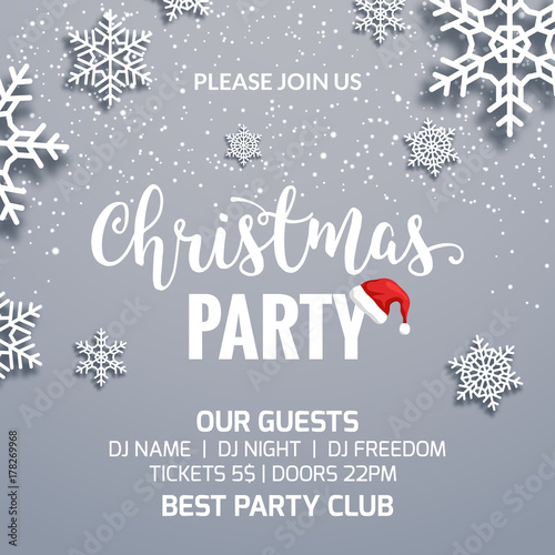 Christmas party poster invitation decoration design. Xmas holiday template background with snowflakes