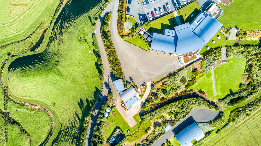 Aerial view on a vineyard near New Plymouth. Taranaki region, New Zealand