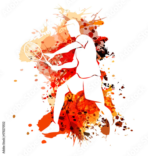 Vector white silhouette tennis player on watercolor background