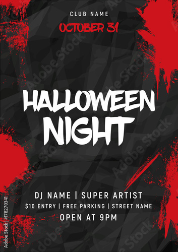Halloween party poster with bloody splash. Halloween flyer vector lettering banner card design