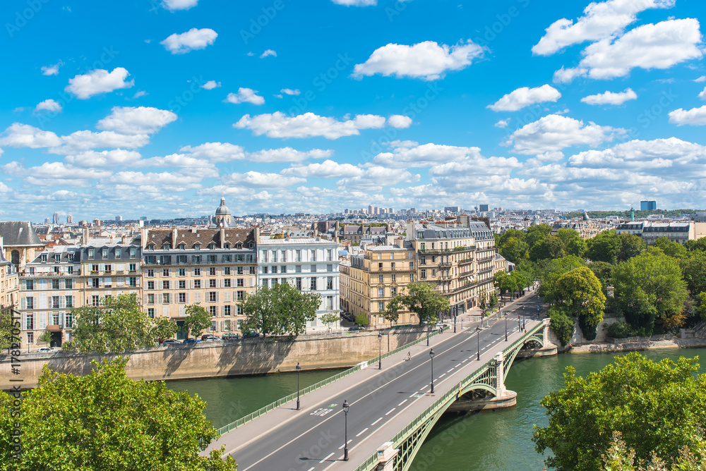     Paris, view of ile saint-louis and quai d'Orleans, typical facades and the Tournelle bridge
