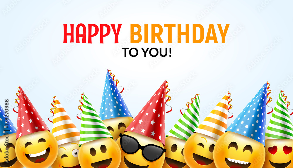 Birthday happy smile greeting card. Vector birthday background 3d colorful character design - obrazy, fototapety, plakaty 